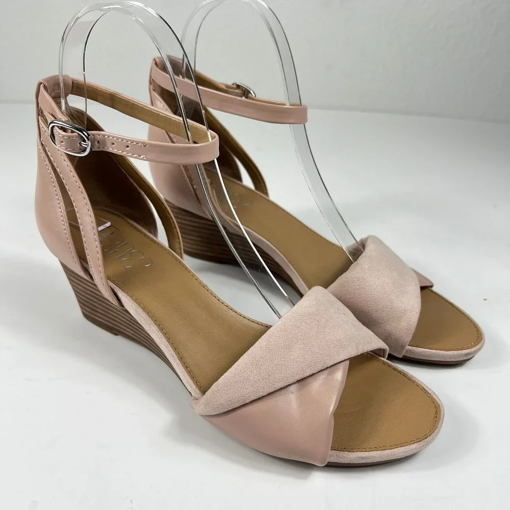 Franco Sarto Daze‎ Wedge Sandals Ankle Strap Crossover Blush Pink Womens 6.5M